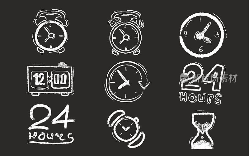 Chalk board with different types of clocks.